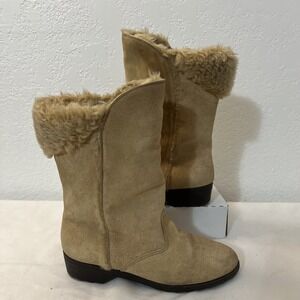 Hush‎ Puppies Snow Boots Womens 6M Sand Sheepskin Suede 75198 Mid Calf Pull On